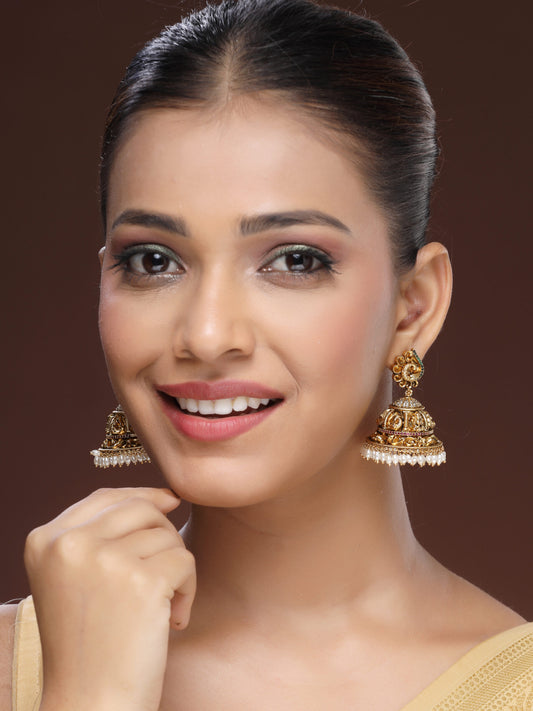 Majestic Trio-Stone Jhumka With Ruby, Emerald, Zircon & Rice Beads