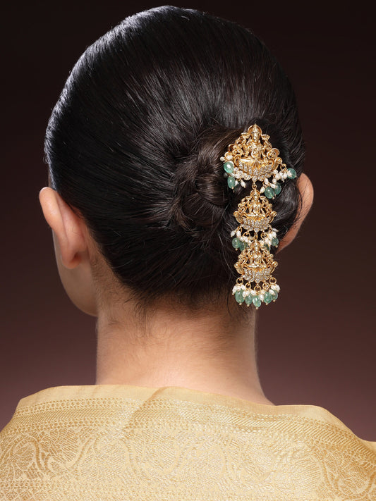 Elegant Hair Brooch With Zircon, Emerald Beads & Premium Pearls