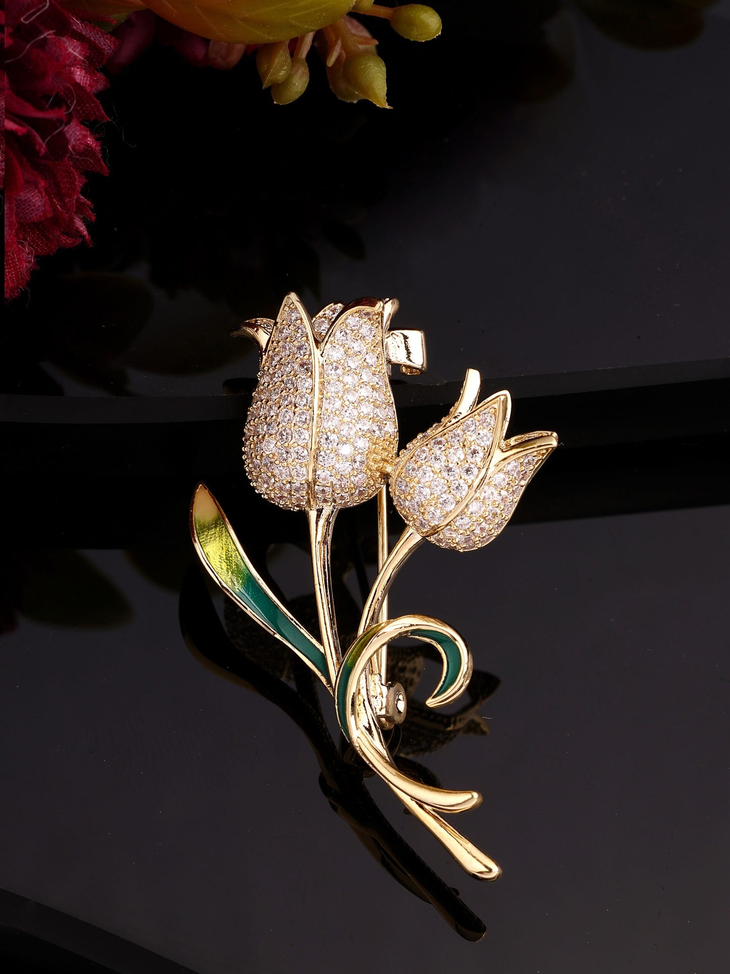 Elegant Zircon & Rose Brooch