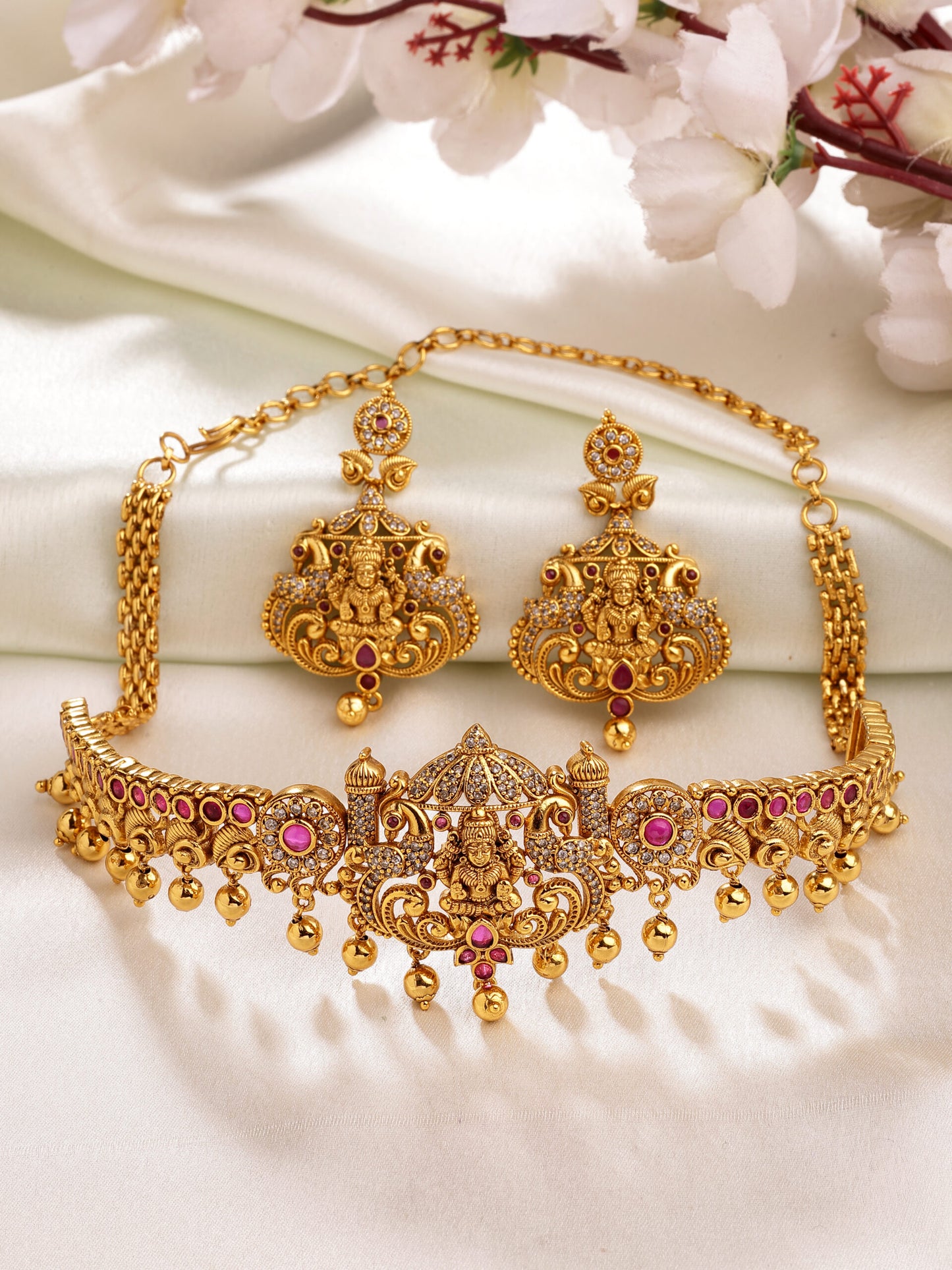 Divine Ruby & Zircon Goddess Laxmi Choker – Traditional Elegance