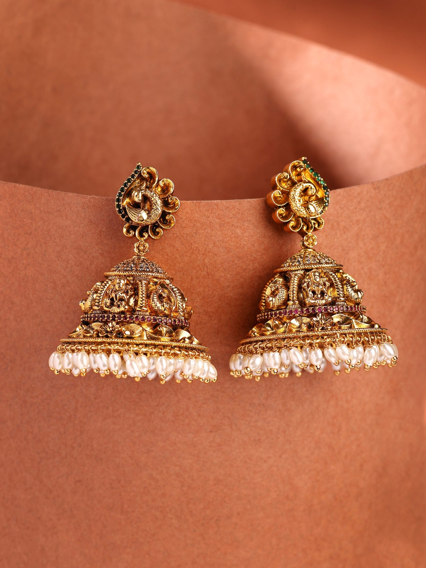 Majestic Trio-Stone Jhumka With Ruby, Emerald, Zircon & Rice Beads