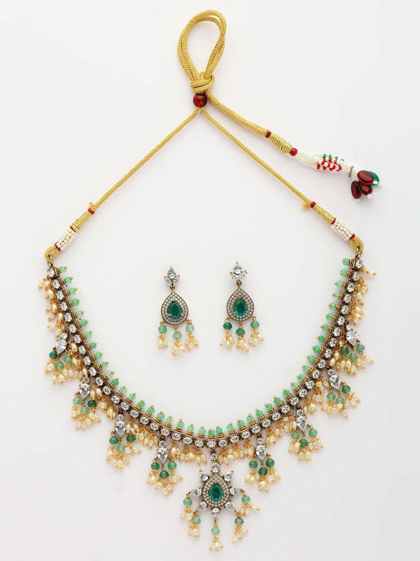 Luxury Moissanite and Emerald Necklace Set With Zircon Accents and Rice Beads