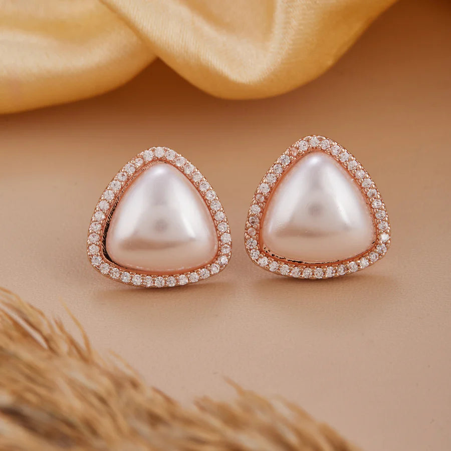 Triangle Shaped Diamond Pearl Earrings For Women