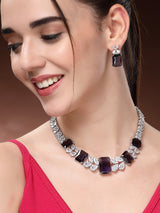 Luxurious Artificial Diamond & Zircon Necklace Set - Purple