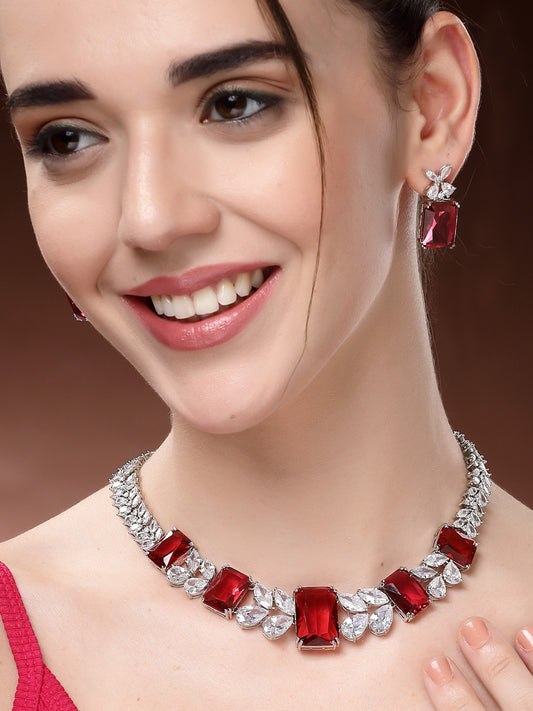 Luxurious Artificial Diamond & Zircon Necklace Set - Red