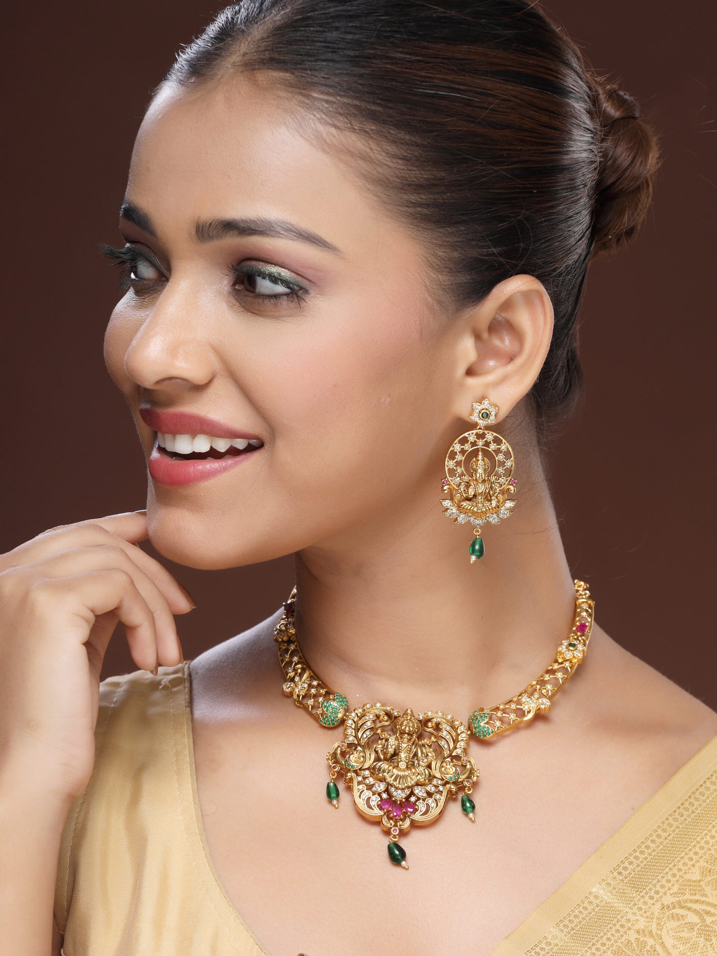 Traditional Goddess Laxmi Kante Necklace with Ruby, Emerald, Zircon & Emerald Beads