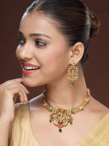 Traditional Goddess Laxmi Kante Necklace with Ruby, Emerald, Zircon & Emerald Beads
