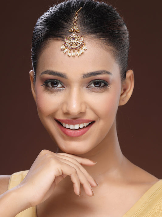 Luxury Maang Tikka With Ruby, Zircon & Rice Beads