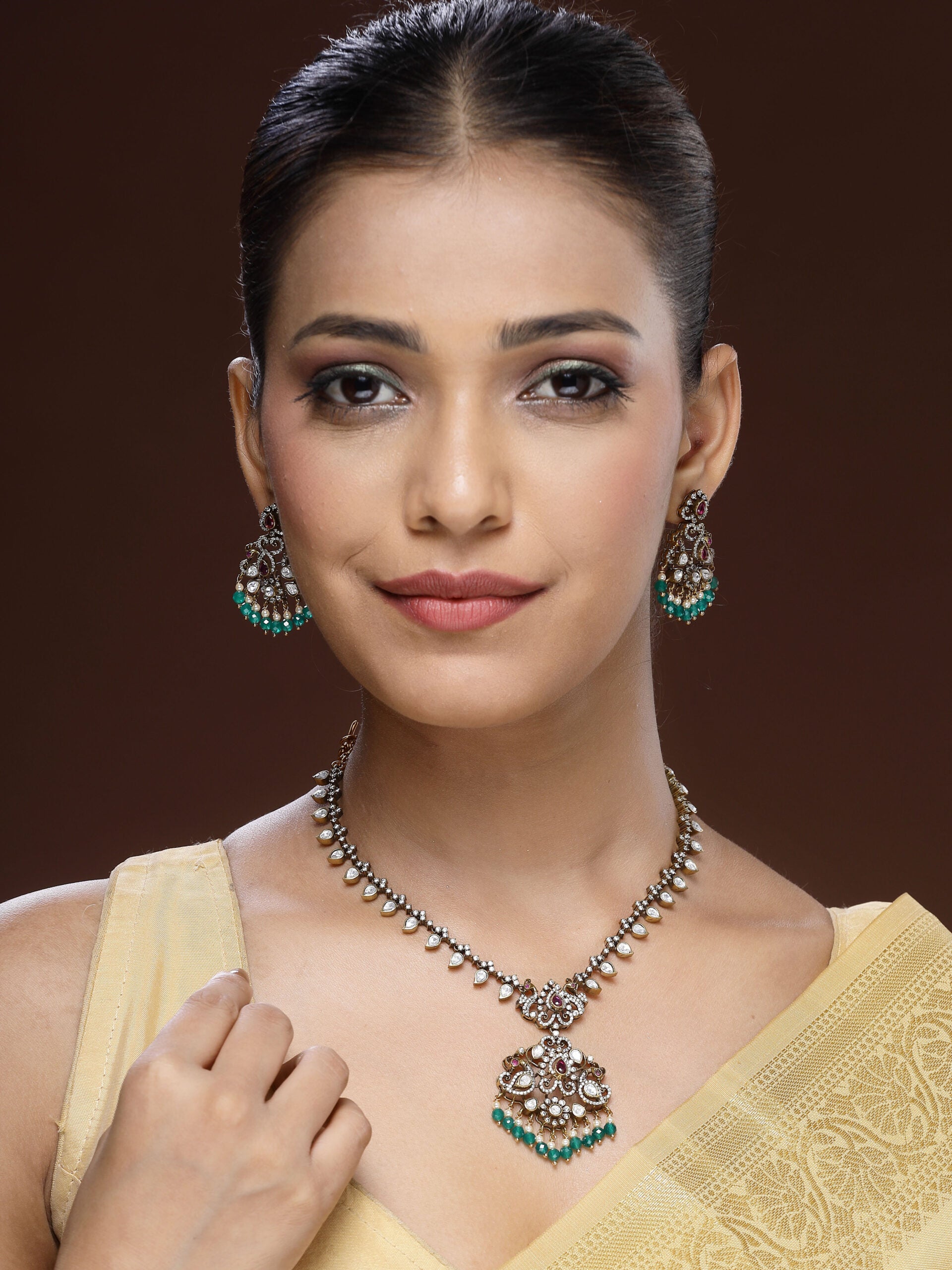 Regal Necklace Set With Moissanite, Ruby, Zircon & Emerald-Pearl Accents