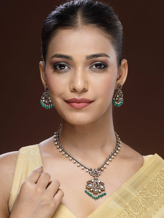 Regal Necklace Set With Moissanite, Ruby, Zircon & Emerald-Pearl Accents