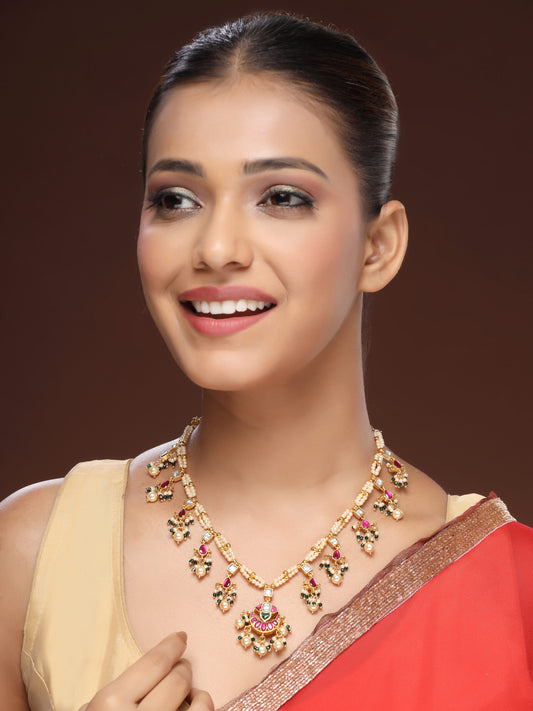 Luxury Jadau Kundan Necklace Adorned With Moissanite, Emerald & Pearls