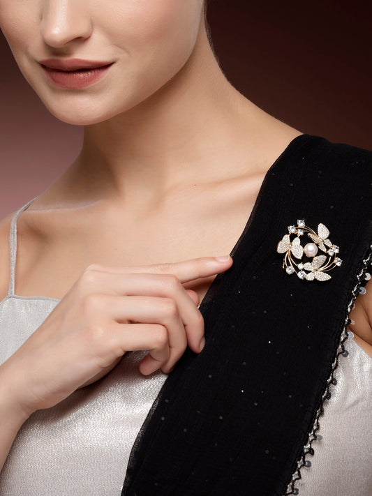Elegant Zircon & Real Pearl Brooch