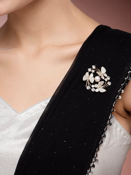 Elegant Zircon & Real Pearl Brooch