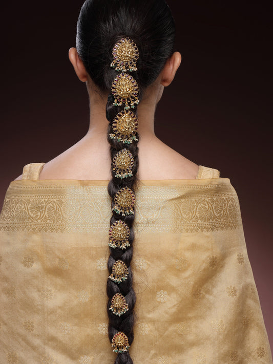 Regal Nakshi Hair Brooch with Ruby, Emerald Beads & Premium Pearls