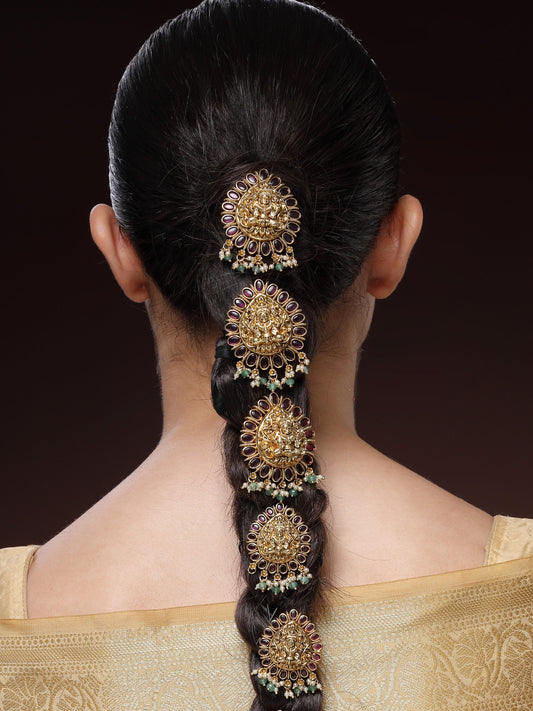 Regal Nakshi Hair Brooch with Ruby, Emerald Beads & Premium Pearls