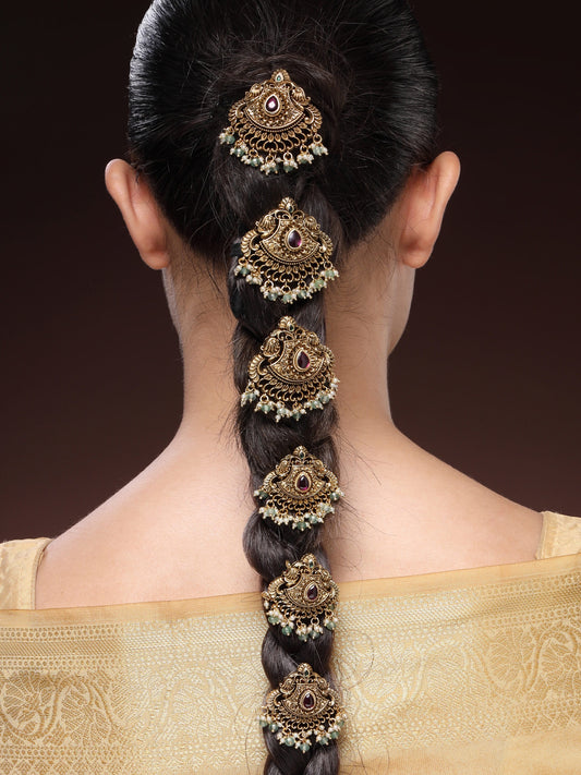 Royal Charm Hair Brooch With Ruby, Emerald Beads & Premium Pearls