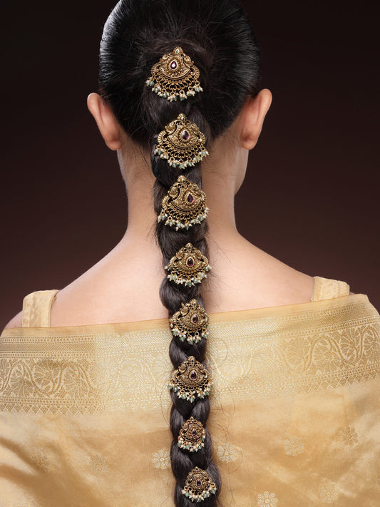 Royal Charm Hair Brooch With Ruby, Emerald Beads & Premium Pearls