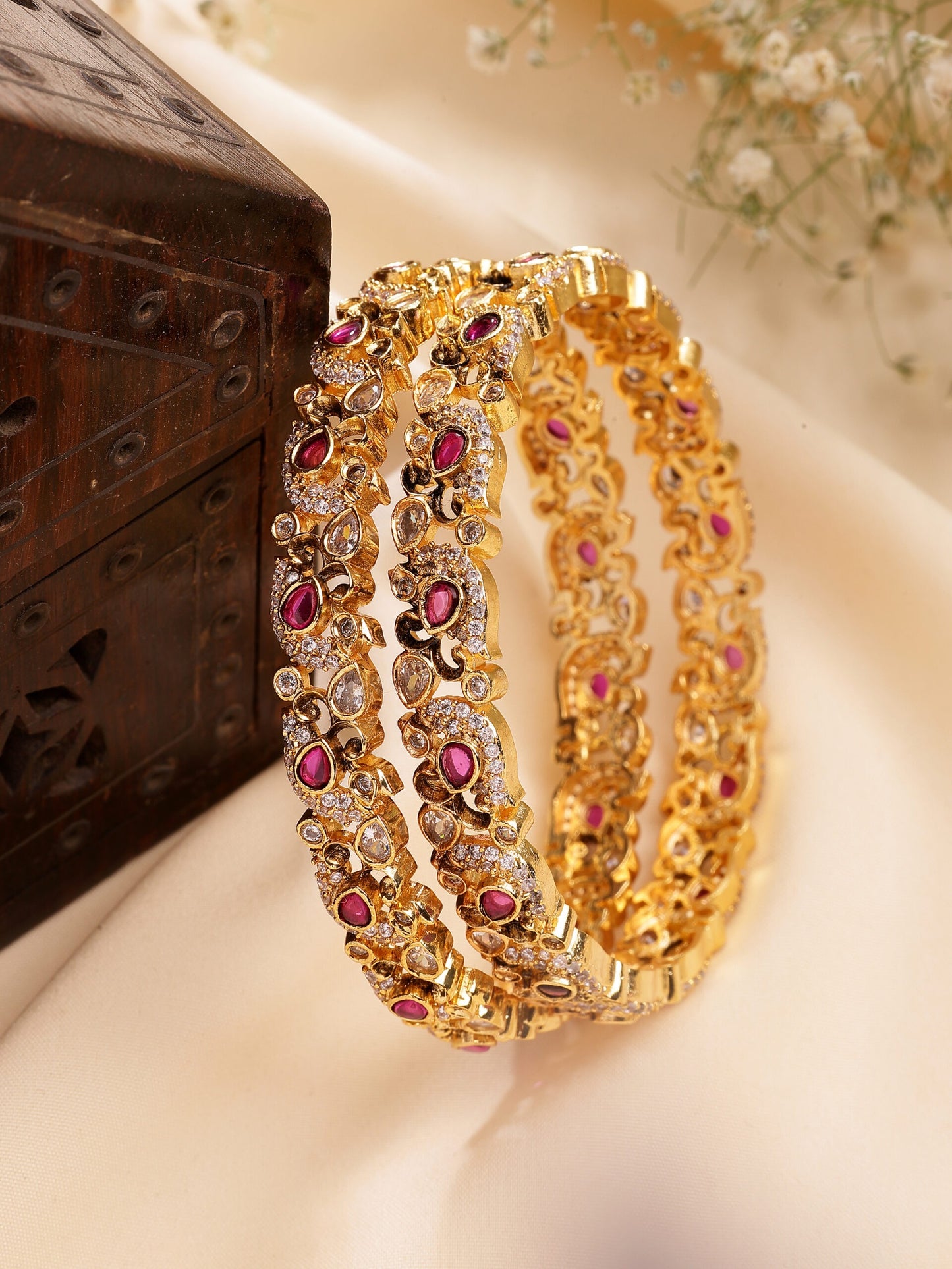 Elegant Ruby & Zircon Bangle With High Gold Polish