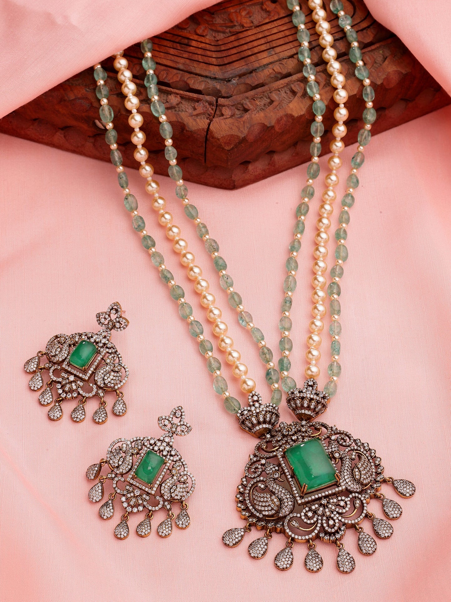 Opulent Layered Haaram with Moissanite, Emerald, Zircon & Pearl Accents