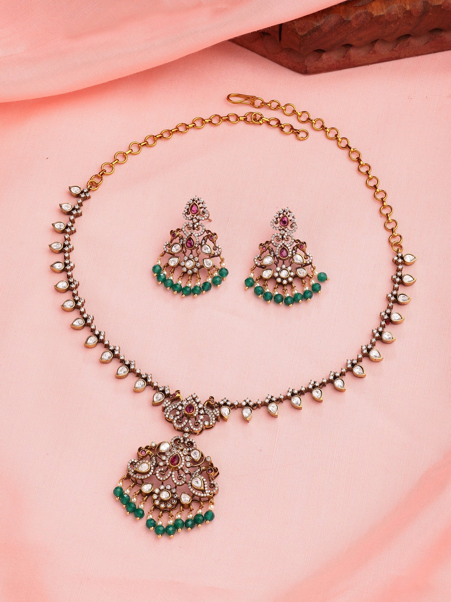 Regal Necklace Set With Moissanite, Ruby, Zircon & Emerald-Pearl Accents