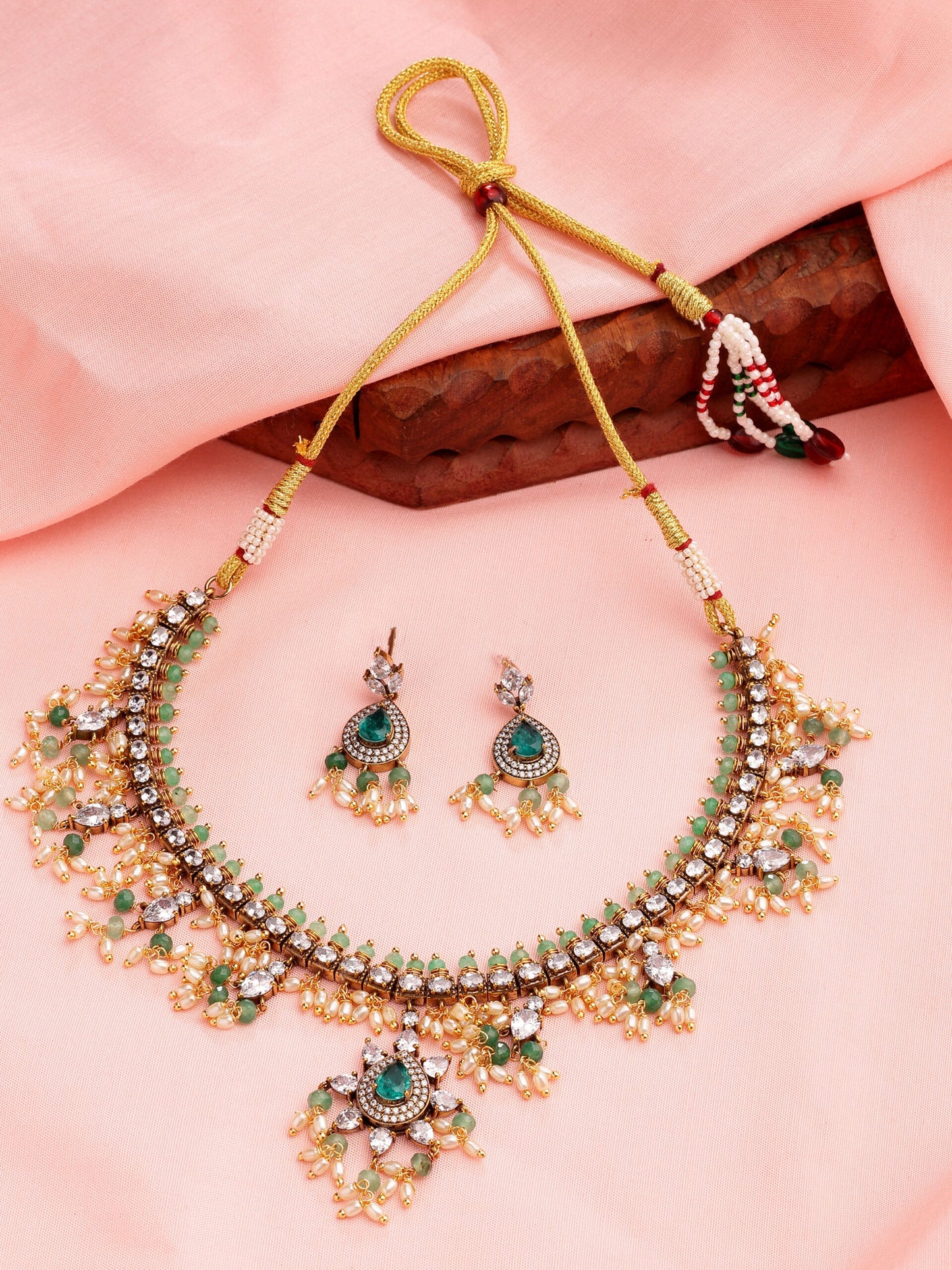 Luxury Moissanite and Emerald Necklace Set With Zircon Accents and Rice Beads