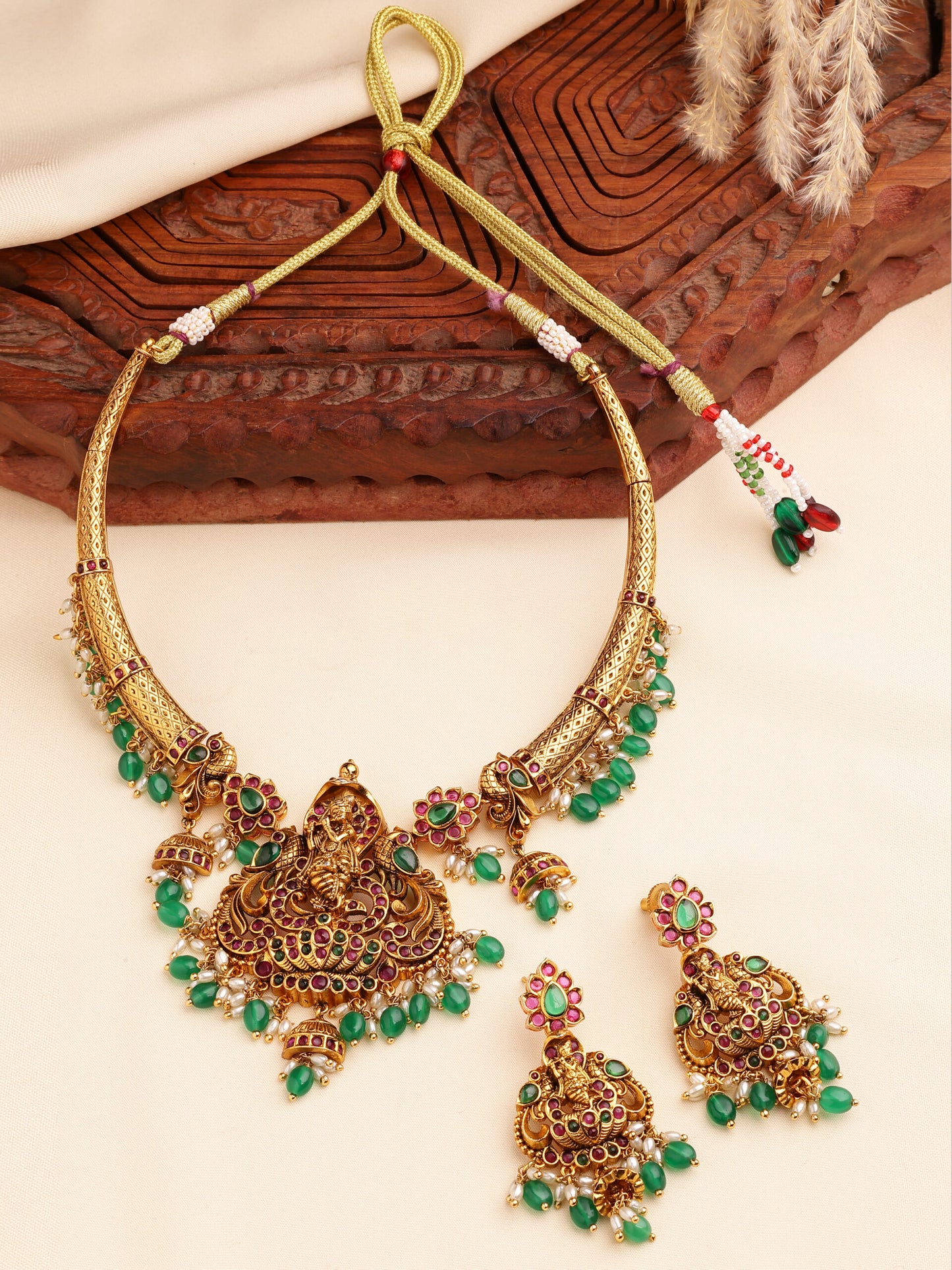 Divine Ruby & Emerald Krishna Kante Necklace – Traditional Splendor