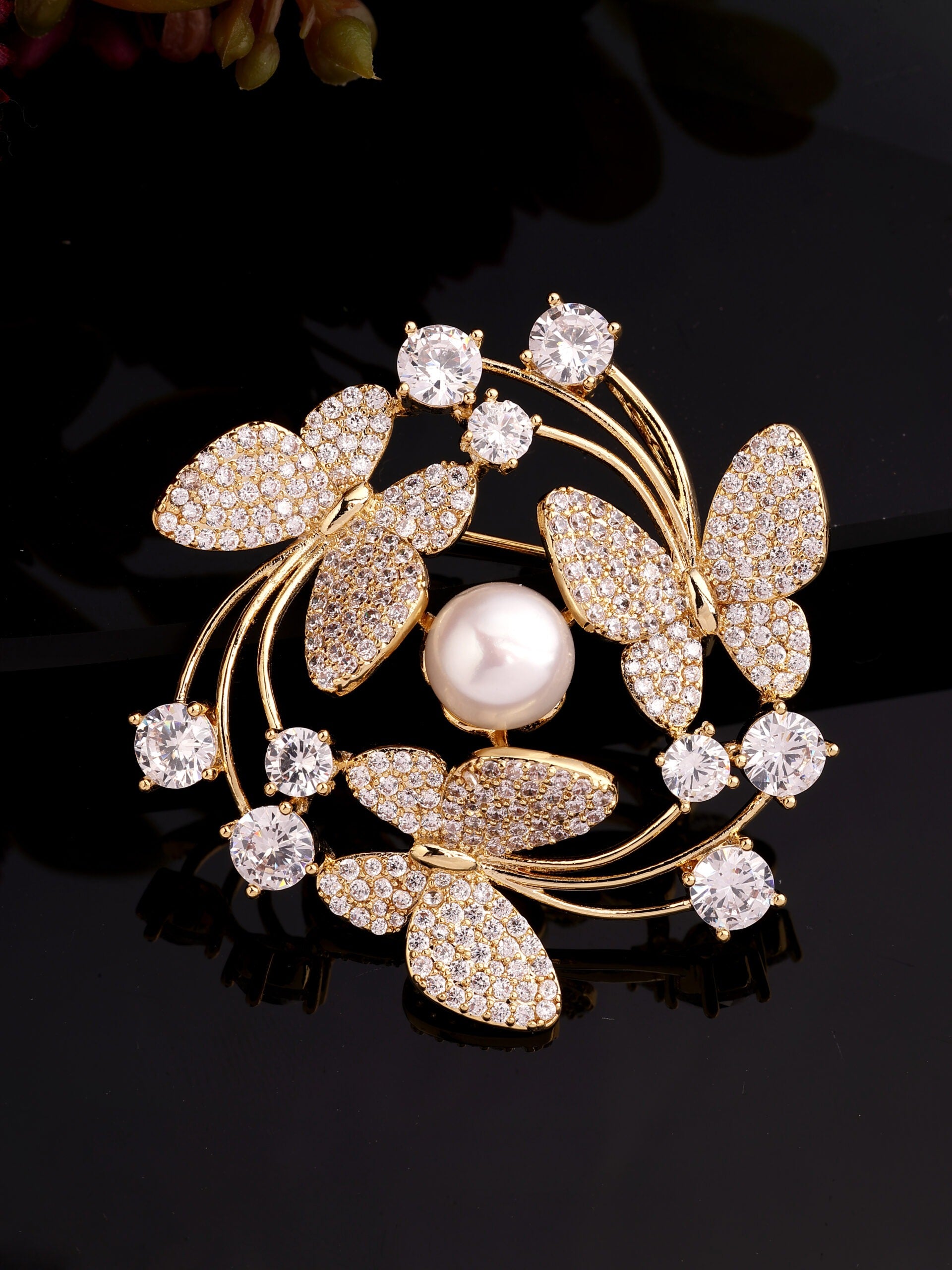 Elegant Zircon & Real Pearl Brooch