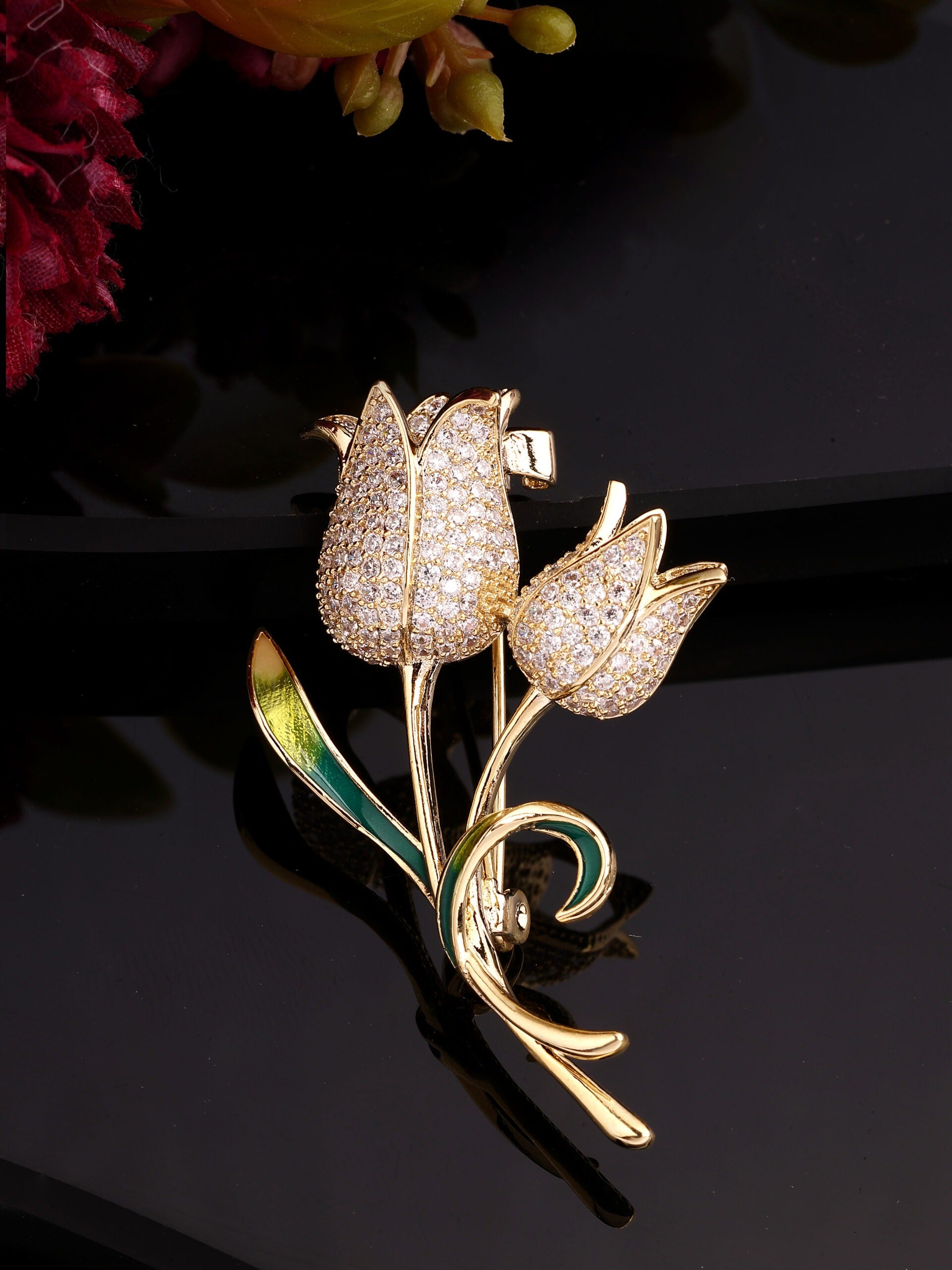 Elegant Zircon & Rose Brooch