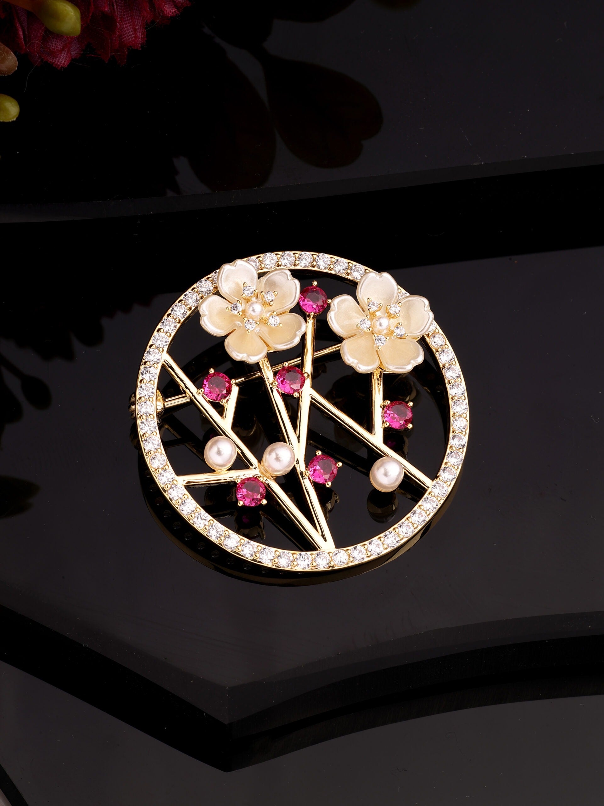 Regal Ruby & Zircon With MOP and Shell Brooch
