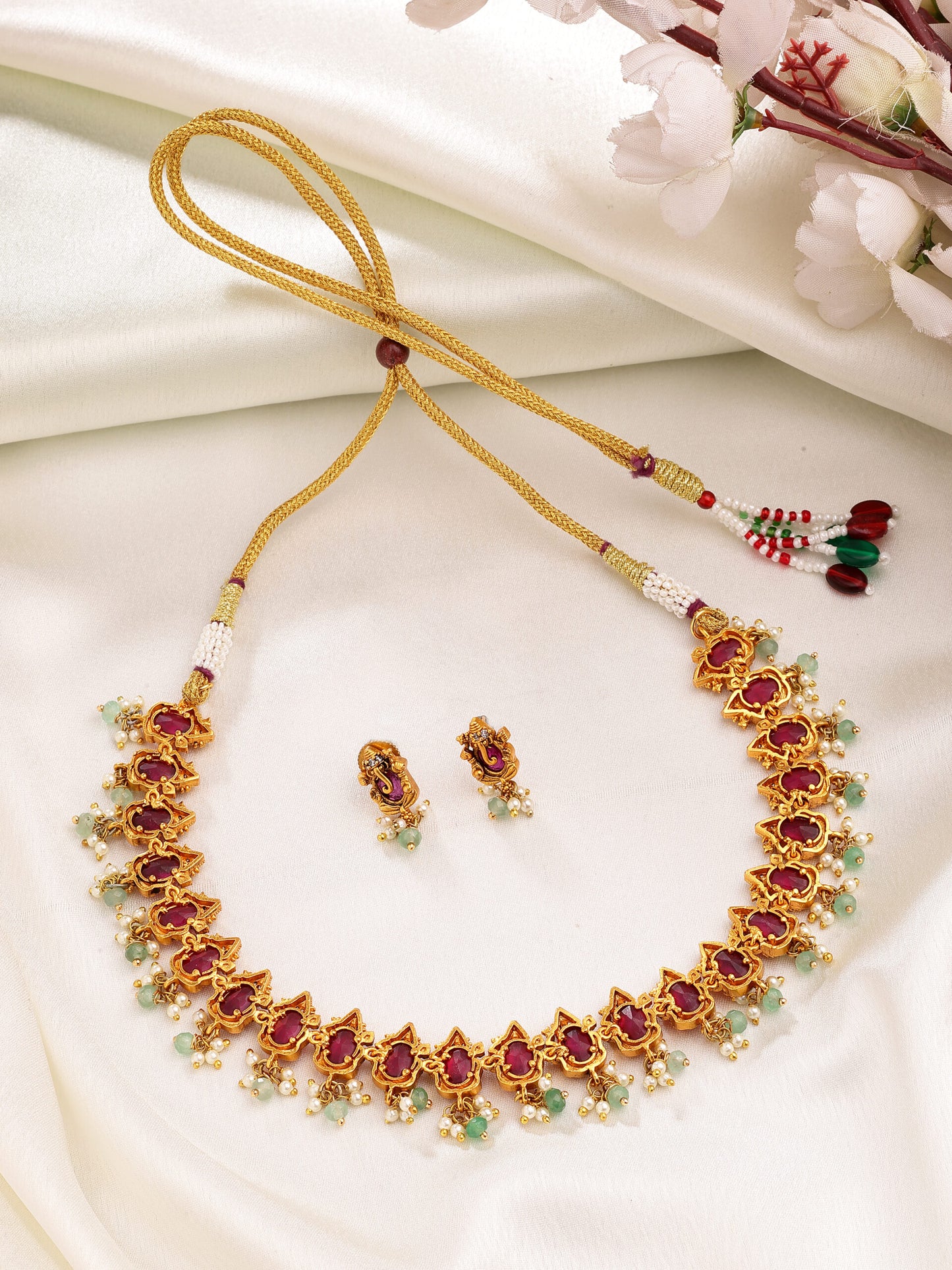Regal Harmony: Ruby, Zircon & Pearl Necklace With Emerald Accents