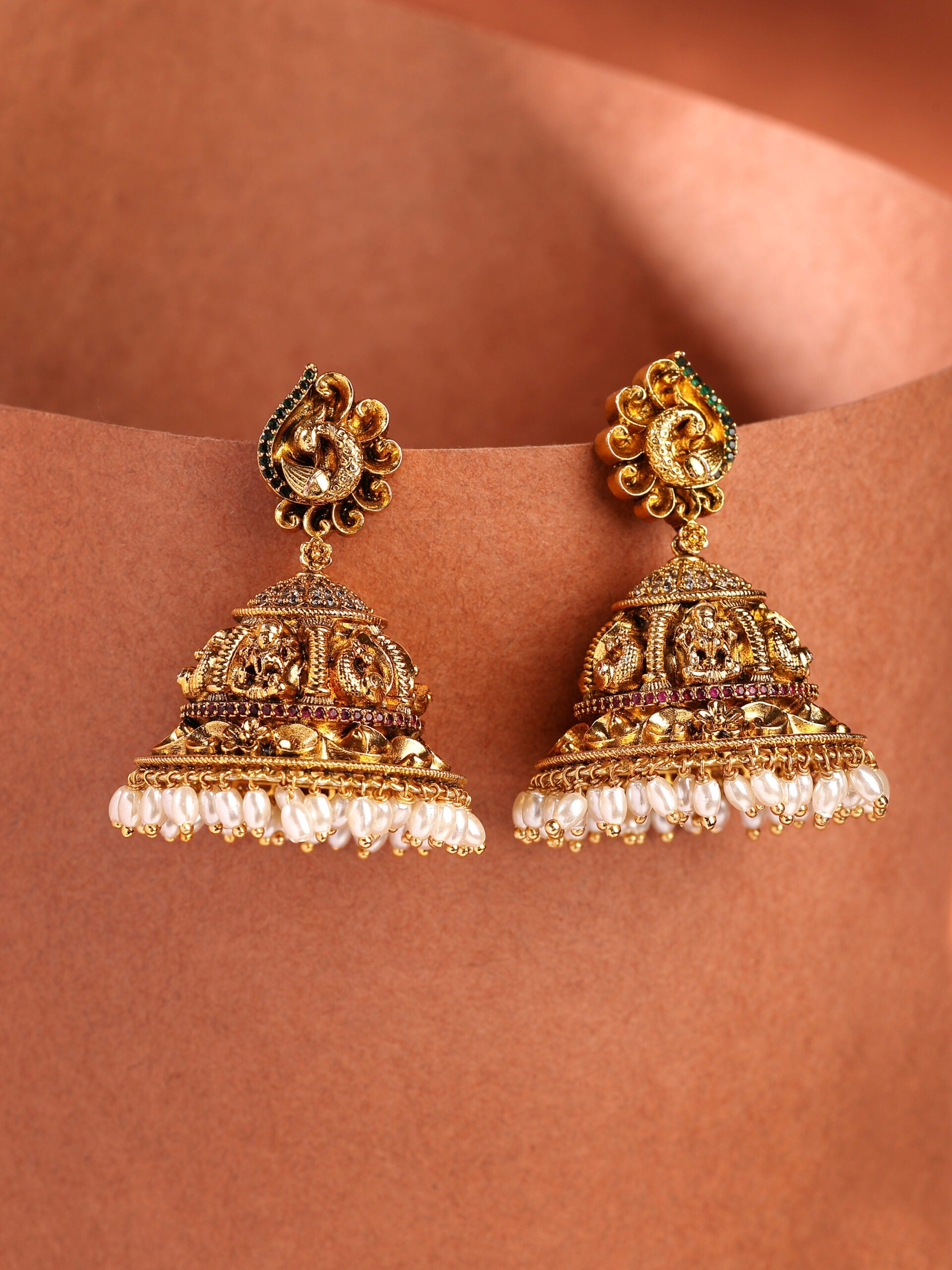Majestic Trio-Stone Jhumka With Ruby, Emerald, Zircon & Rice Beads