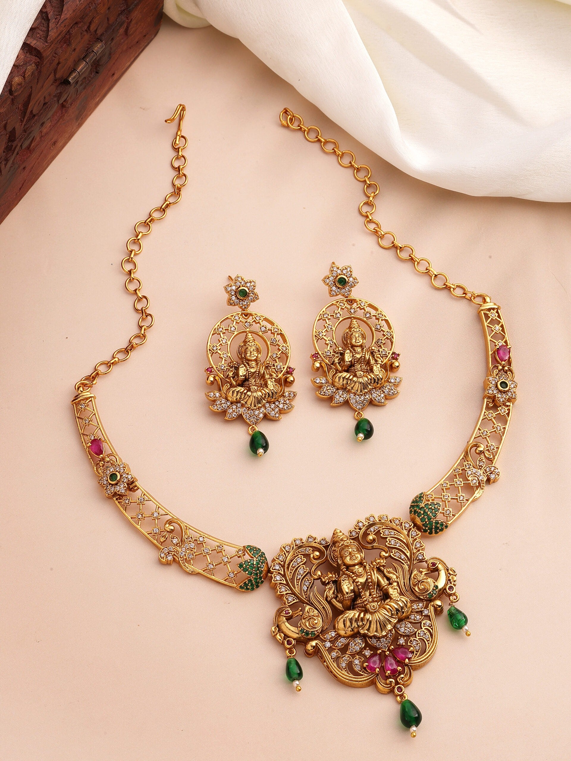 Traditional Goddess Laxmi Kante Necklace with Ruby, Emerald, Zircon & Emerald Beads
