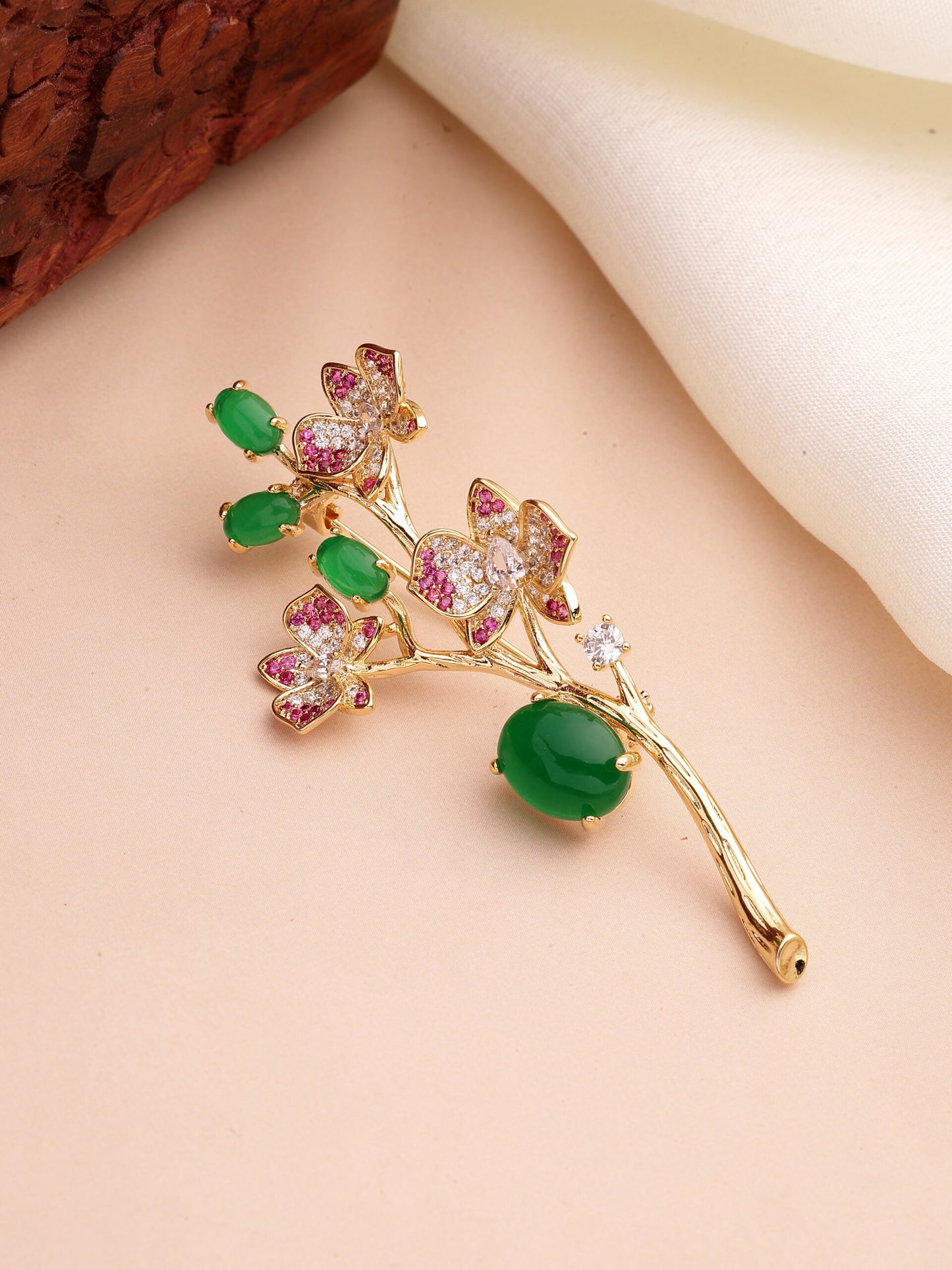 Regal Emerald Ruby & Zircon Brooch