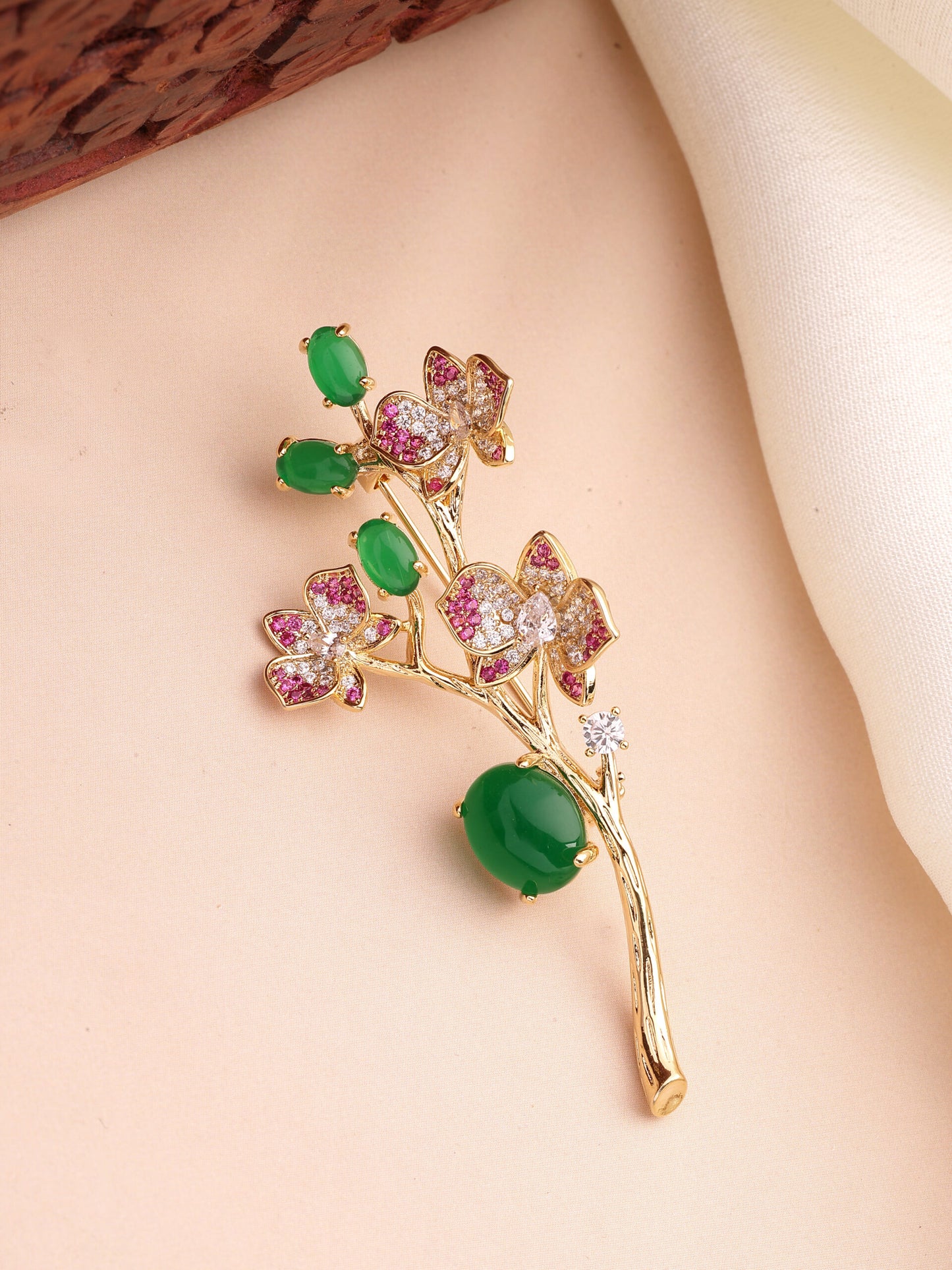 Regal Emerald Ruby & Zircon Brooch