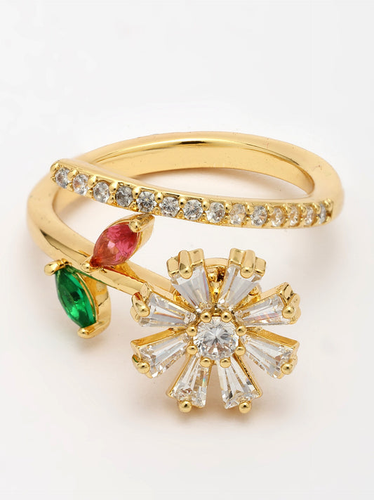 Elegant Zircon Ring With Emerald & Ruby in Swirl Design