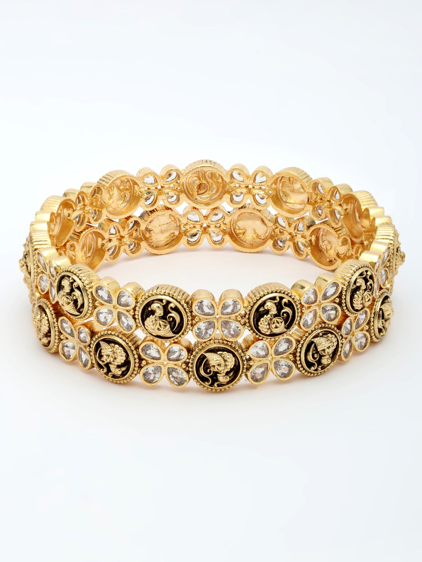 Nakshi Design Bangle Adorned With Ruby & Zircon in High Gold Polish