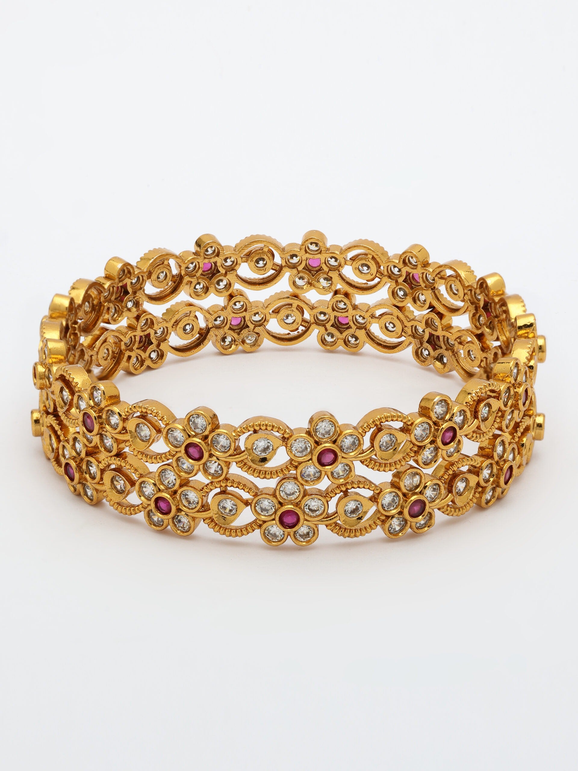 High-Gold Polish Bangle Adorned With Ruby & Zircon