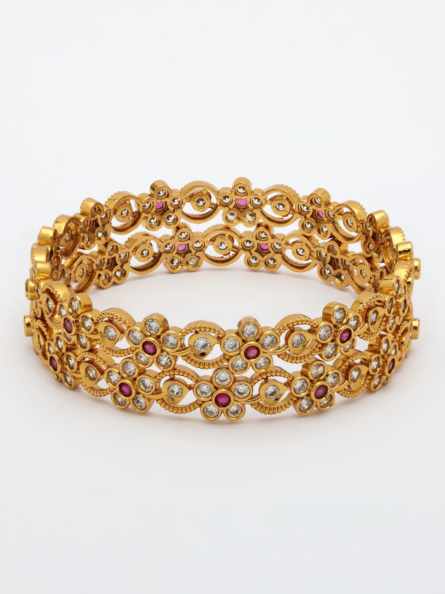 High-Gold Polish Bangle Adorned With Ruby & Zircon
