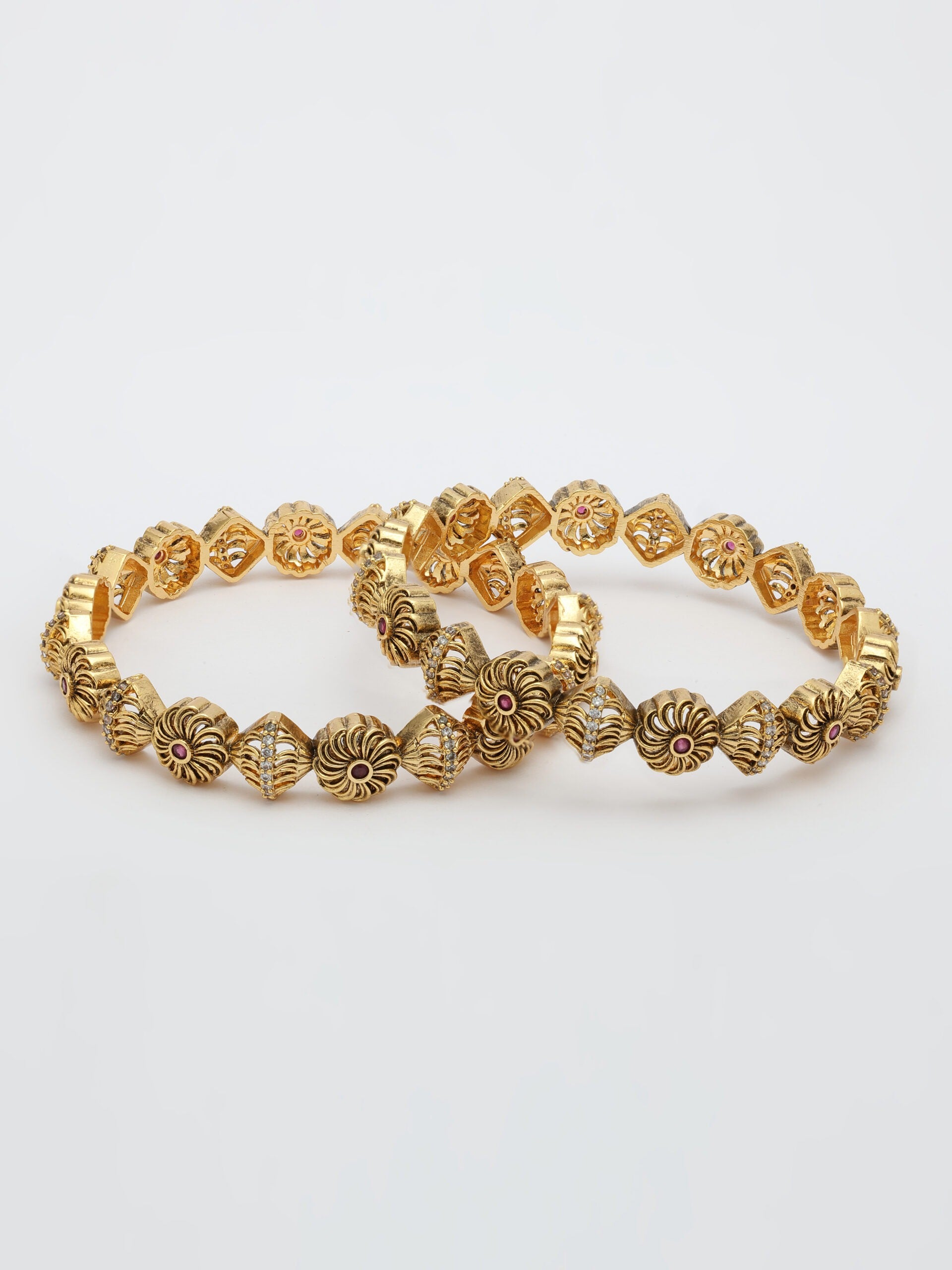 Nakshi Design Bangle Adorned With Ruby & Zircon in High Gold Polish