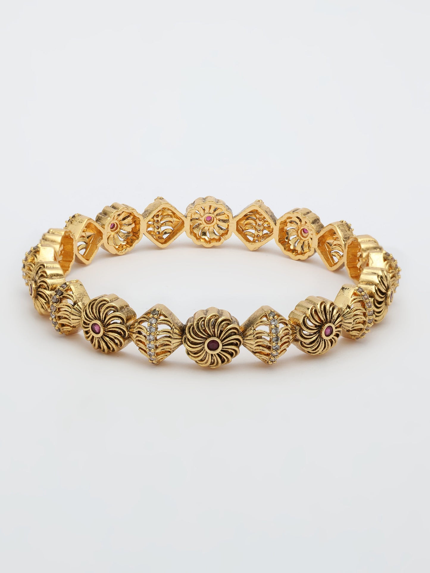 Nakshi Design Bangle Adorned With Ruby & Zircon in High Gold Polish