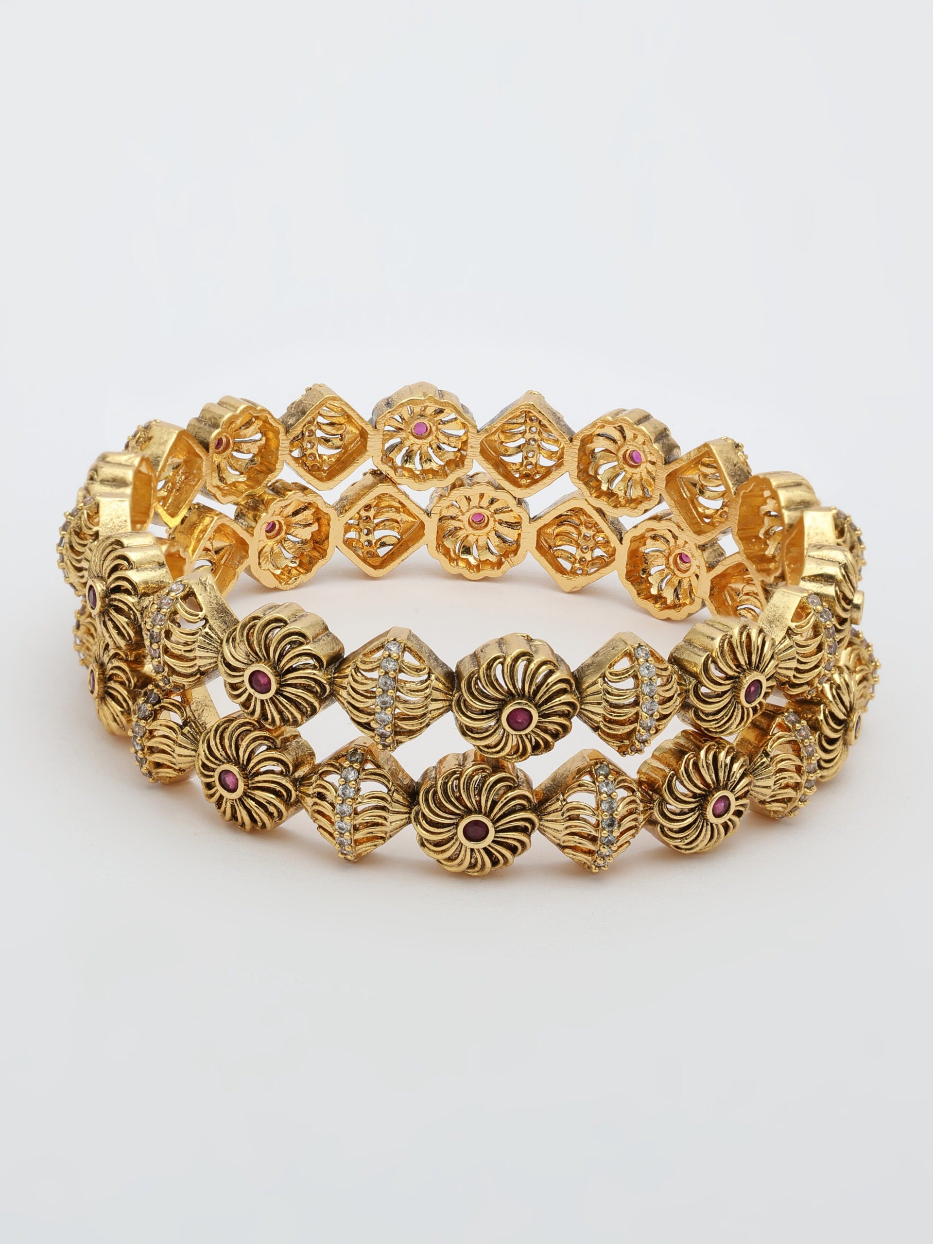 Nakshi Design Bangle Adorned With Ruby & Zircon in High Gold Polish