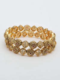 Nakshi Design Bangle Adorned With Ruby & Zircon in High Gold Polish