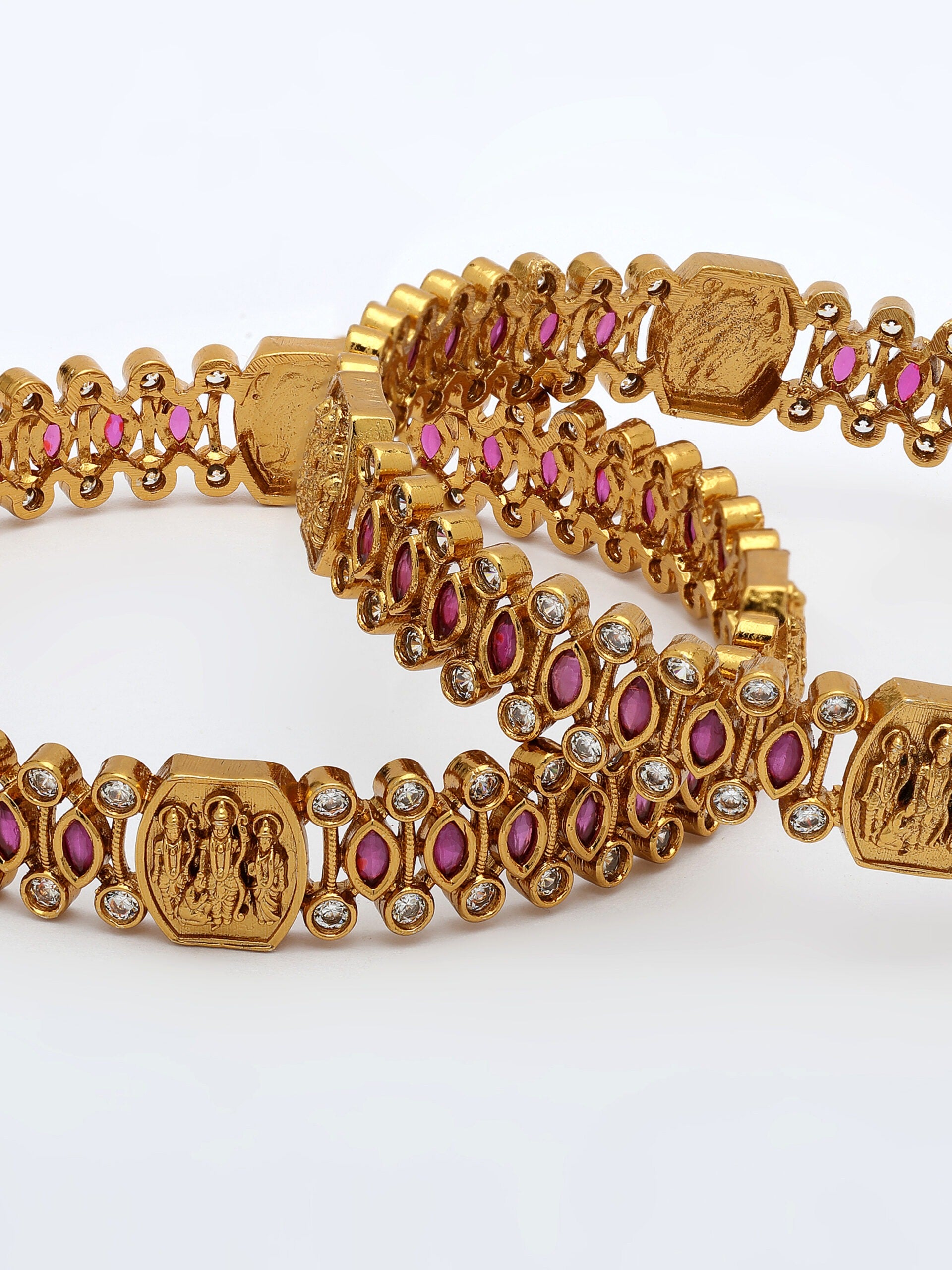 Ram Parivar Bangle With Ruby & Zircon, High Gold Polish