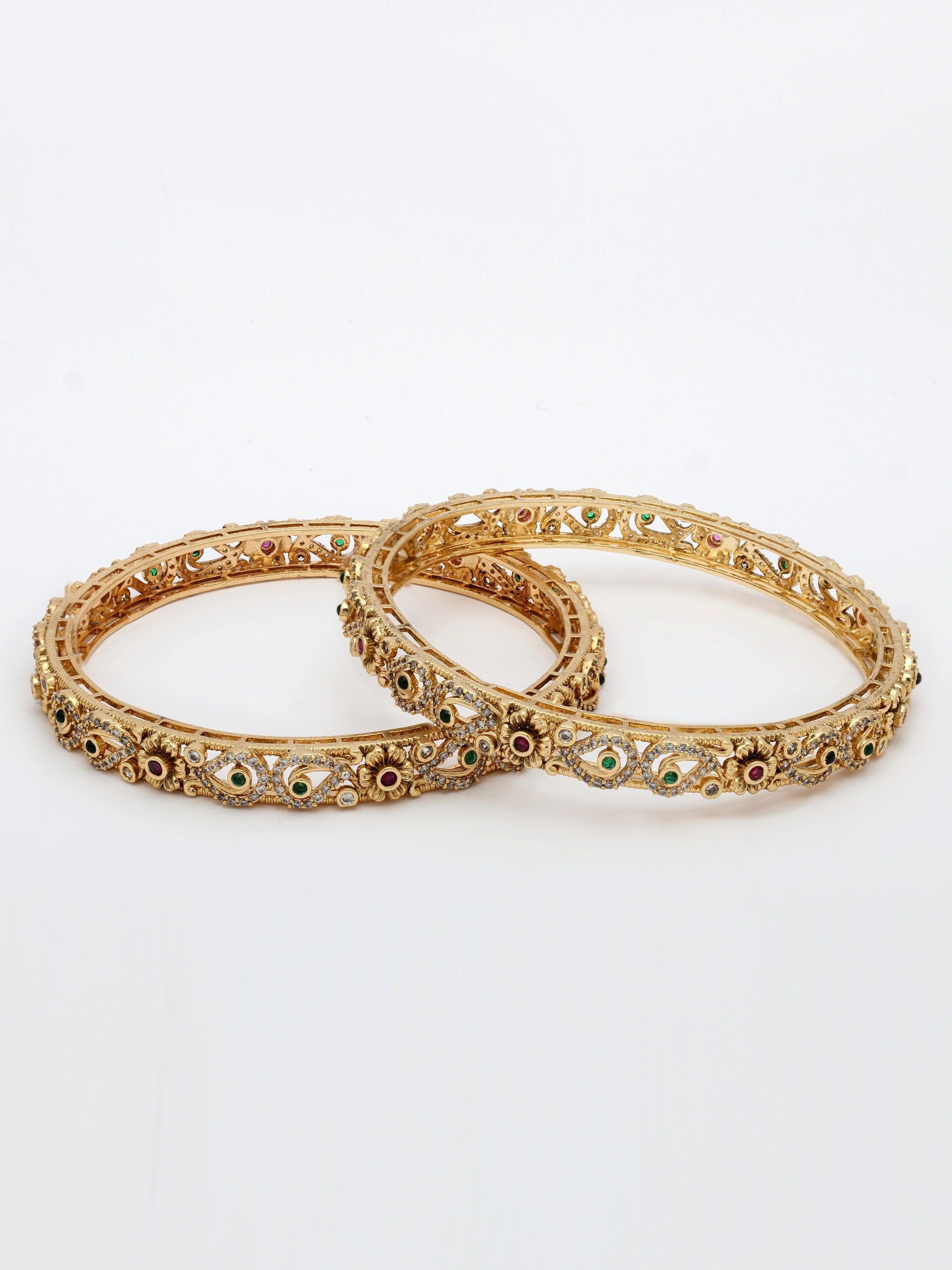 High Gold Finish Bangle Adorned With Ruby, Emerald & Zircon