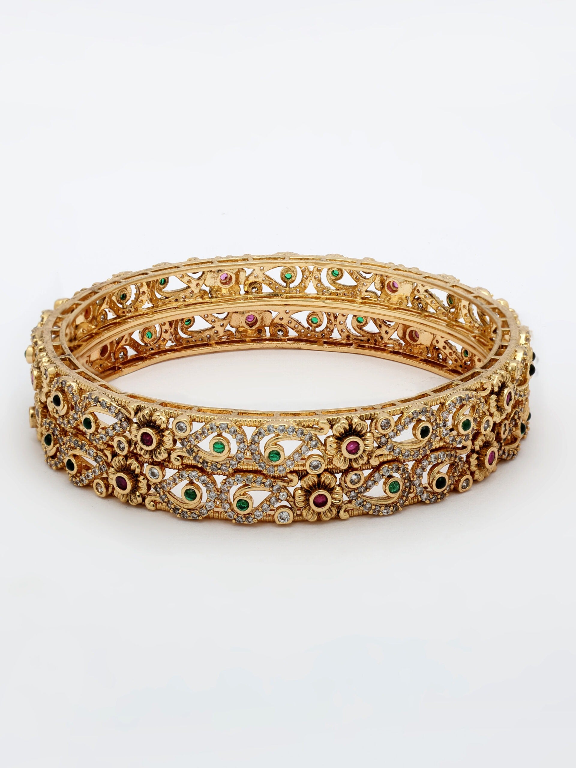 High Gold Finish Bangle Adorned With Ruby, Emerald & Zircon