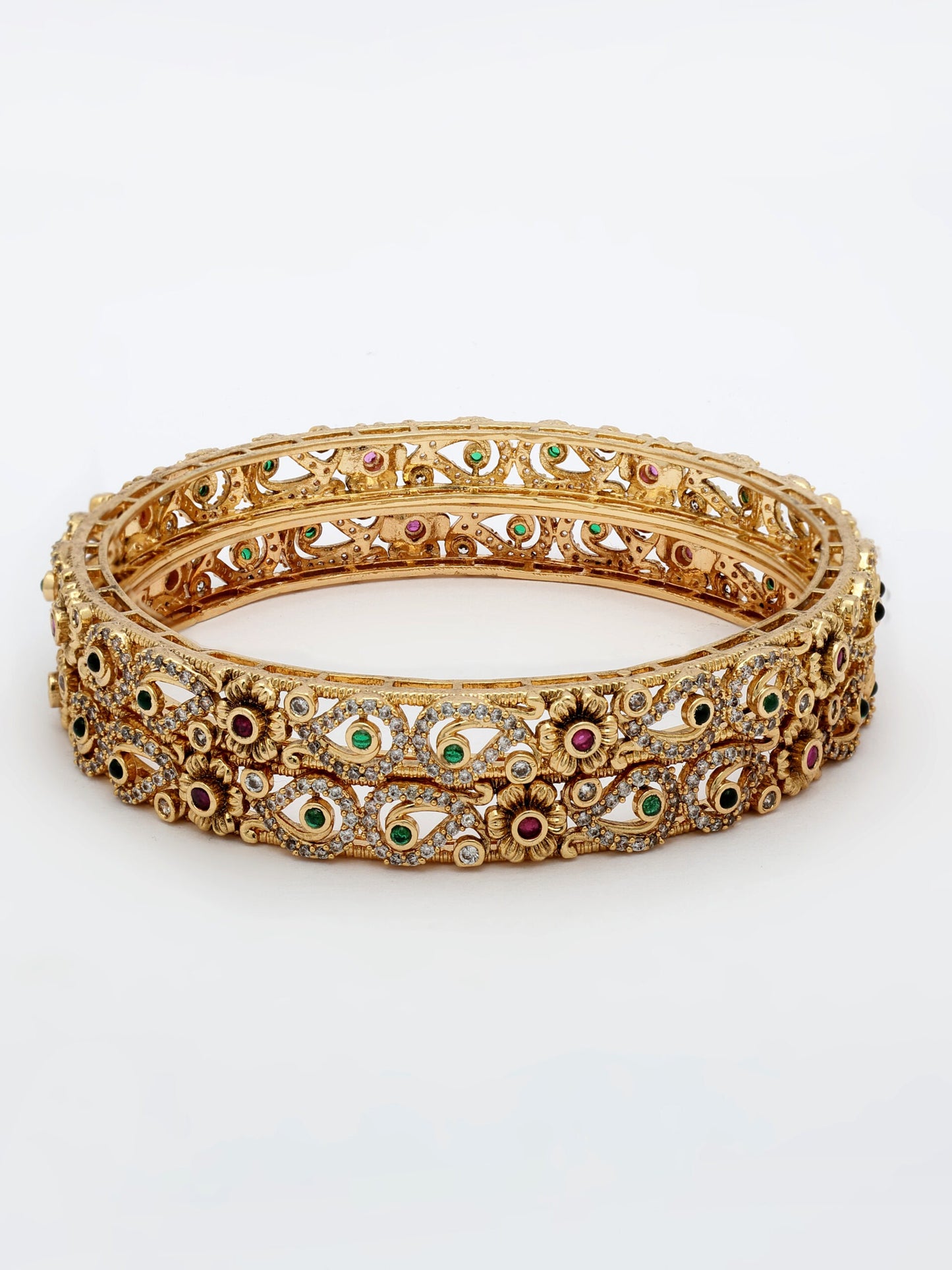 High Gold Finish Bangle Adorned With Ruby, Emerald & Zircon