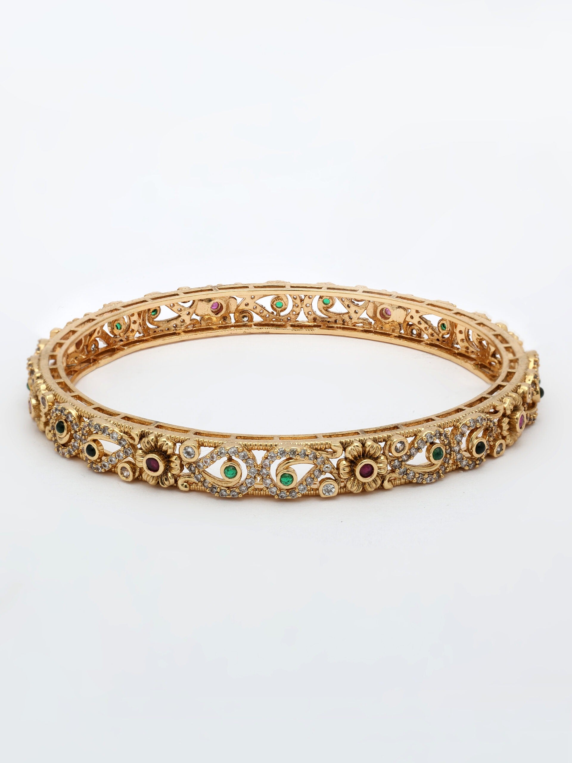 High Gold Finish Bangle Adorned With Ruby, Emerald & Zircon