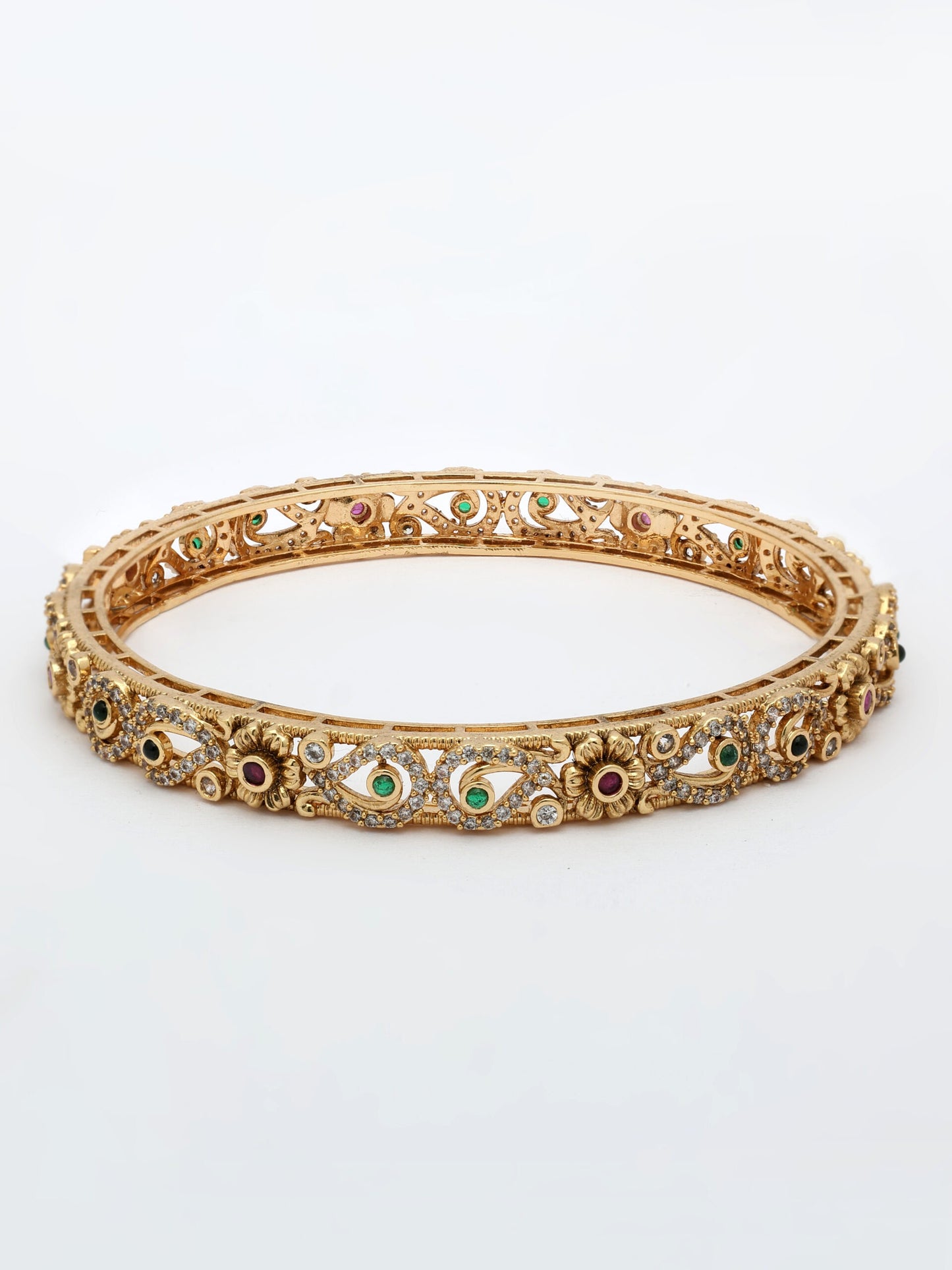 High Gold Finish Bangle Adorned With Ruby, Emerald & Zircon