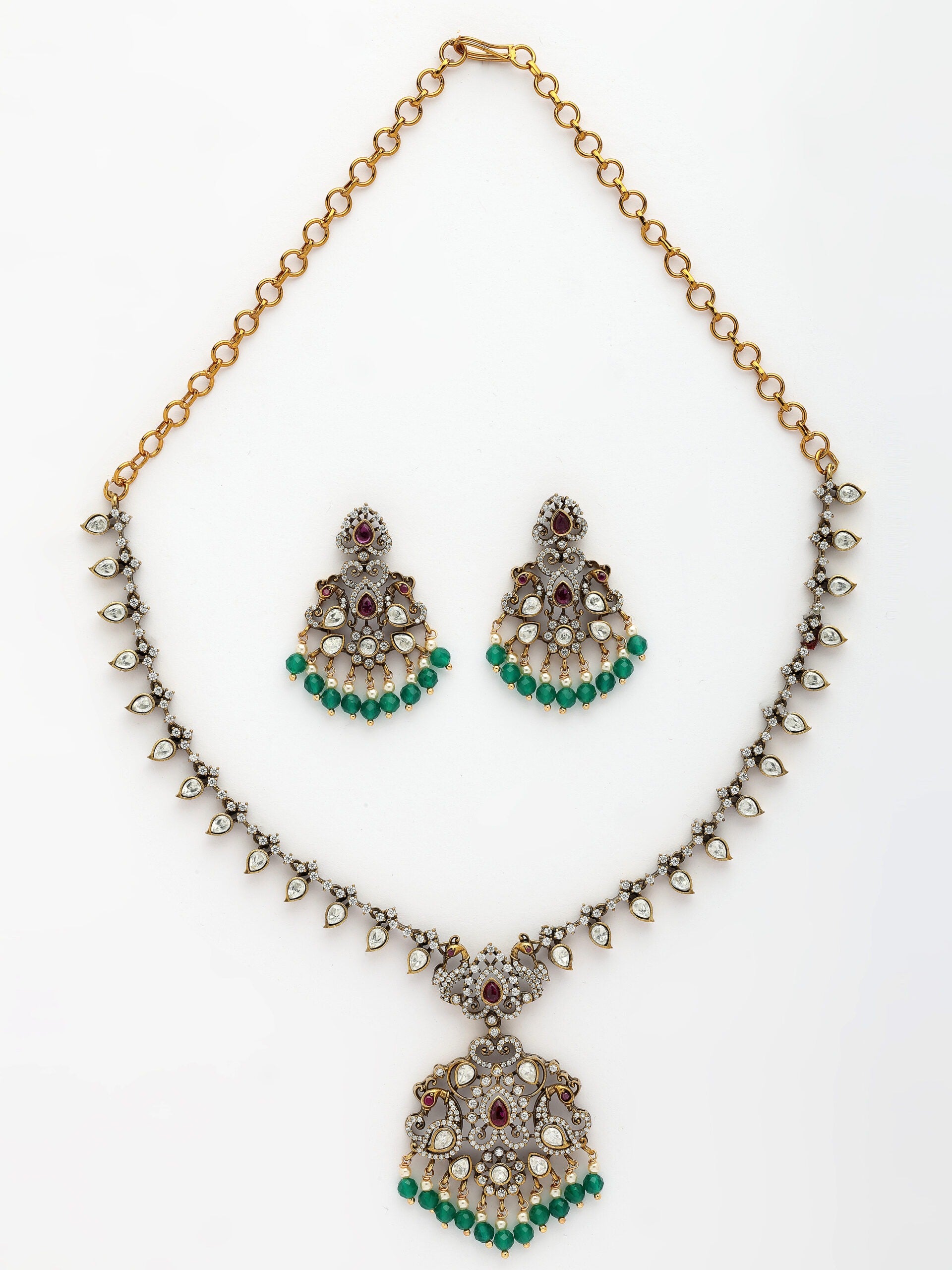 Regal Necklace Set With Moissanite, Ruby, Zircon & Emerald-Pearl Accents