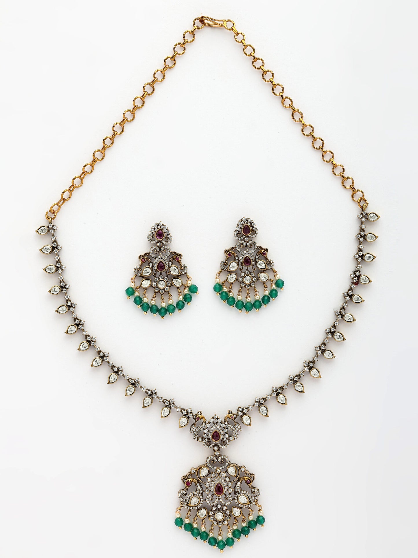 Regal Necklace Set With Moissanite, Ruby, Zircon & Emerald-Pearl Accents